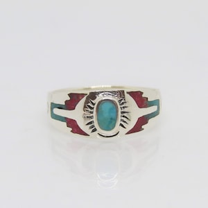 Vintage Sterling Silver Natural Turquoise, Red Coral Ring Size 6