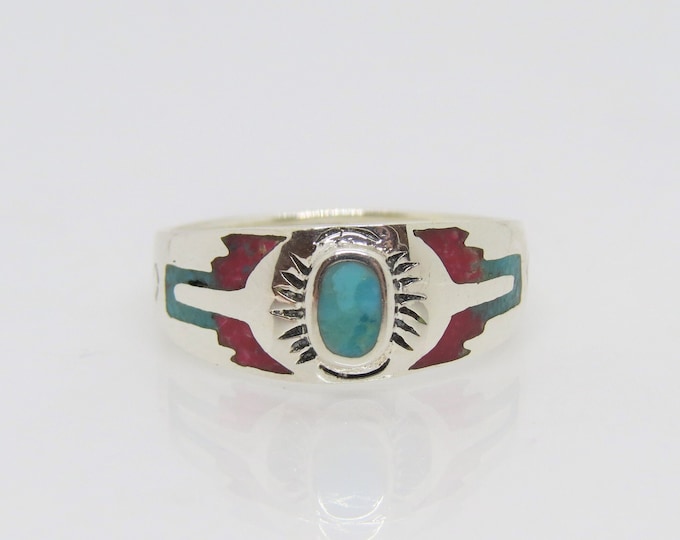 Vintage Sterling Silver Natural Turquoise, Red Coral Ring Size 6