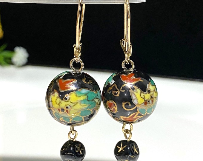 Vintage 14K Solid Yellow Gold Cloisonne Dragon Dangle Earrings