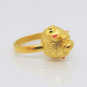 Vintage 24K 9999 Gold 3D Red Enamel Pig Ring Size 6.5