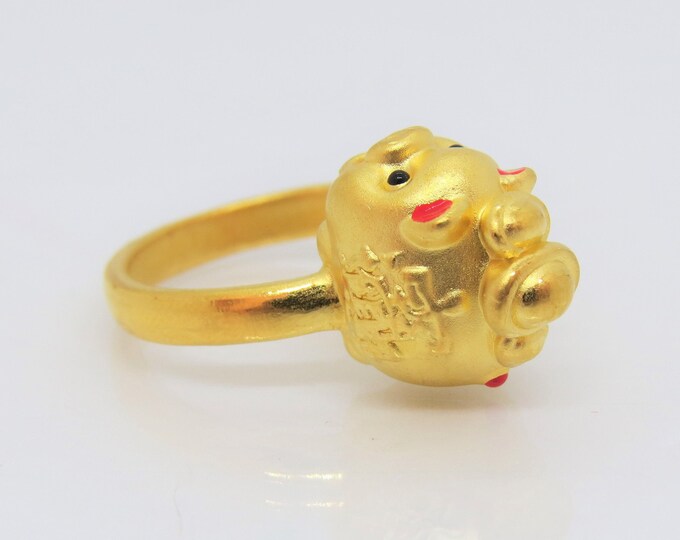 Vintage 24K 9999 Gold 3D Red Enamel Pig Ring Size 6.5