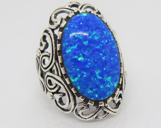Vintage Sterling Silver Oval Blue Opal Filigree Dome Ring Size 9