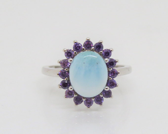 Sterling Silver Natural Larimar & Amethyst Flower Ring Size 7