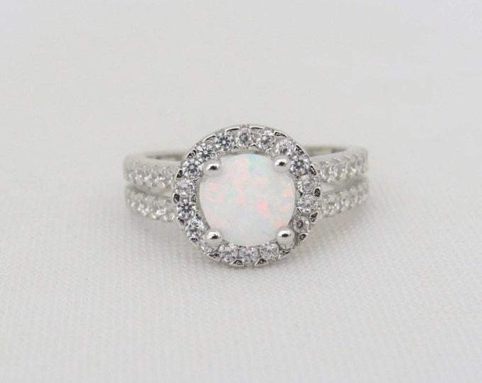 Vintage Sterling Silver White Opal & White Topaz Halo Engagement Ring Size 8