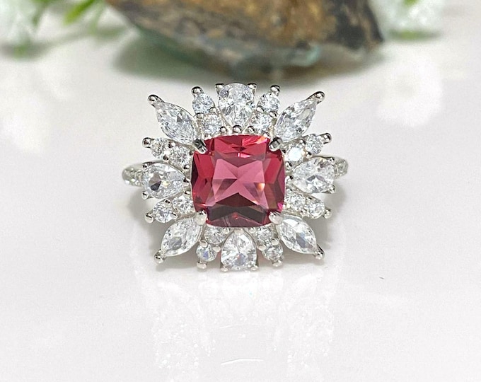 Vintage Sterling Silver Marquise cut Ruby & White Topaz Ring Size 7.5