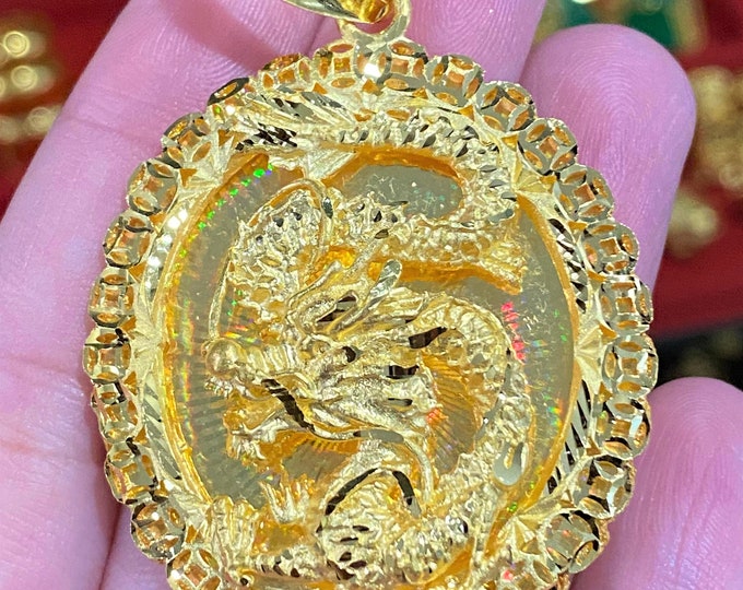 Vintage 24K 980 Solid Pure Gold Diamond cut Dragon Money Coin Oval Pendant.