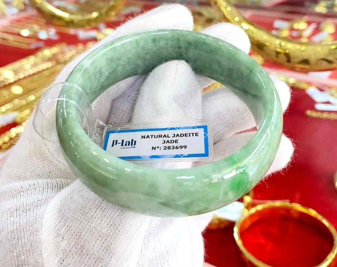 Vintage Translucent Natural Green, White Jadeite Jade Bangle Bracelet 55.4MM