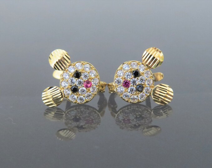 Vintage 18K Solid Yellow Gold Teddy Bear Black Sapphire, Ruby & White Topaz Earrings