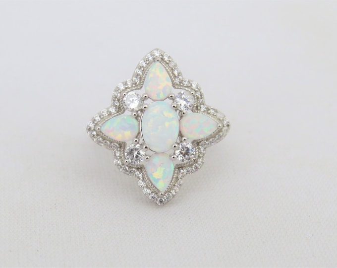 Vintage Sterling Silver White Opal & White Topaz Ring Size 8