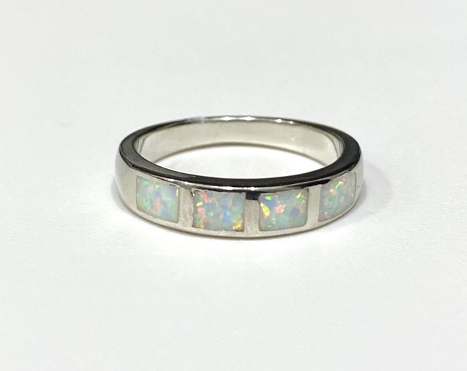 Vintage Sterling Silver White Opal Band Ring Size 10