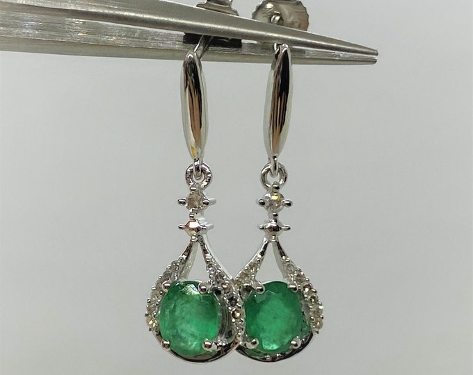 Vintage 14K Solid White Gold Genuine Zambian Emerald & Diamond Earrings