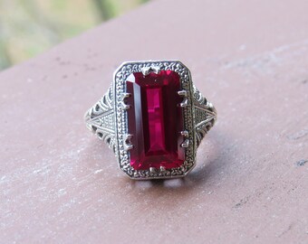 Vintage sterlingsilverring med rubin och filigran, storlek 6