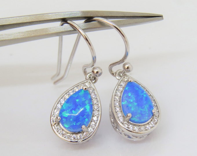 Vintage Sterling Silver Pear cut Blue Opal & White Topaz Dangle Earrings