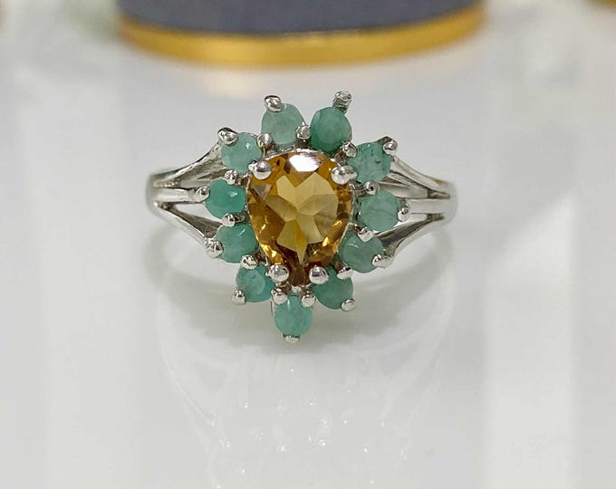 Vintage Sterling Silver Natural Citrine & Emerald Ring Size 7 3/4
