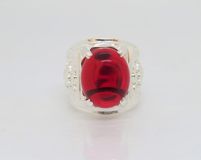 Vintage Sterling Silver Oval Ruby Men's Ring Size 9.75