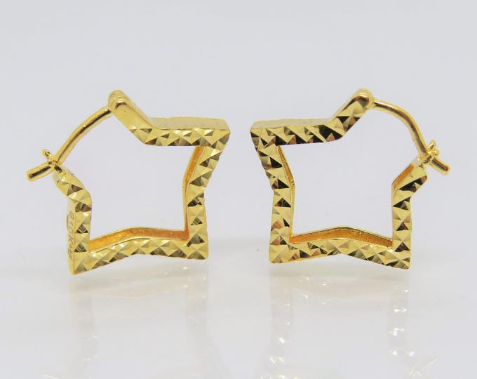 18K Solid Yellow Gold Diamond cut Star Hoops Vintage Earrings 15MM