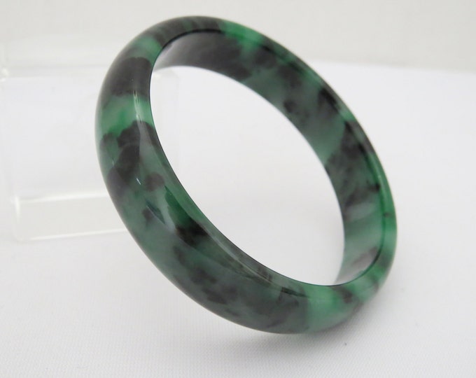 Vintage Translucent Natural Green & Black Rich Floral Jade Jadeite Bangle Bracelet 57MM