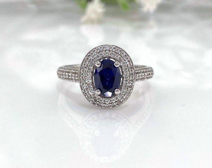 Vintage Sterling Silver Blue Sapphire & White Topaz Halo Ring Size 7