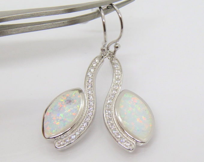 Vintage Sterling Silver White Opal & White Topaz Dangle Earrings