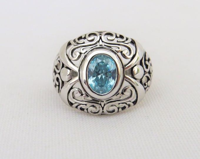 Vintage Sterling Silver Oval Aquamarine Filigree Dome Ring Size 8