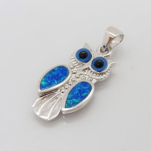 May include: Silver owl pendant with blue opal accents and black evil eye details.
