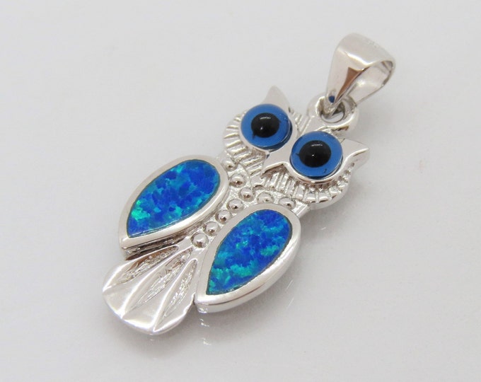 Vintage Sterling Silver Blue Opal Owl Pendant