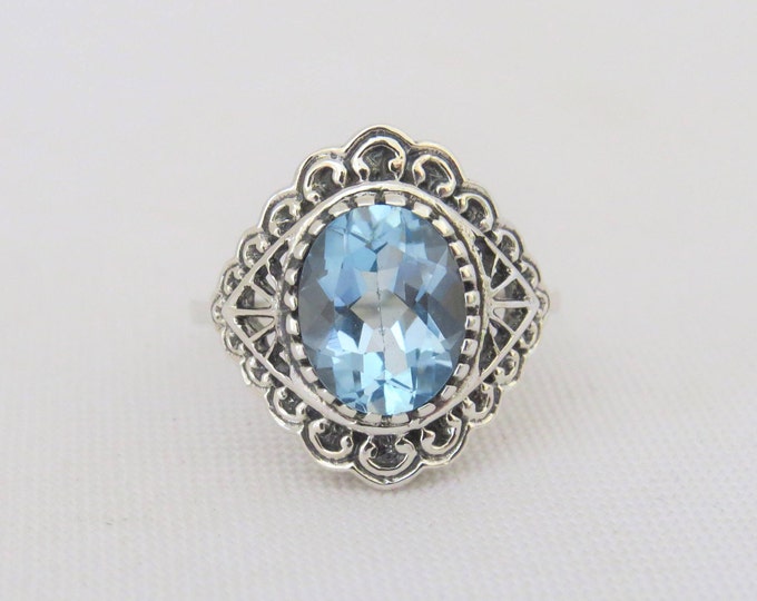 Vintage Sterling Silver Oval Aquamarine Filigree Ring Size 8