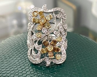 Anel vintage em ouro branco 18K com diamante amarelo fantasia de 2,00 ct e design de flores de diamante, tamanho 6 1/2.