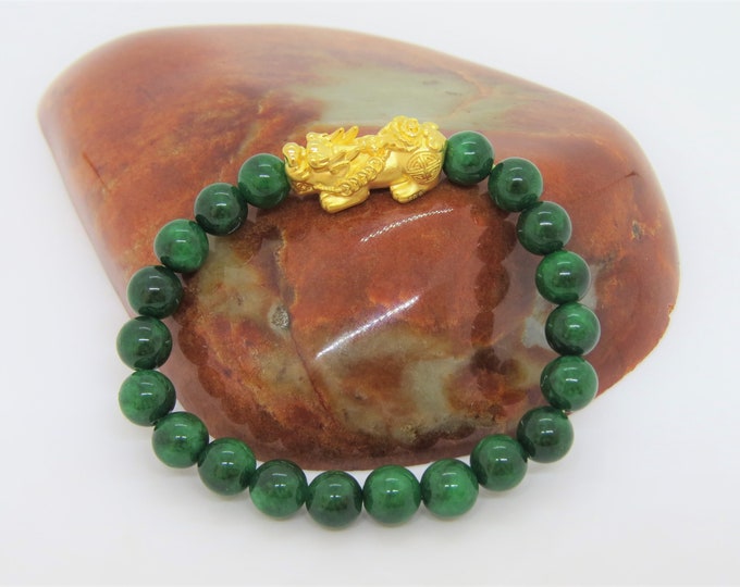 Vintage 24K 999 Pure Gold 3D Pixiu with Green Jadeite Jade Bead Bracelet 8MM