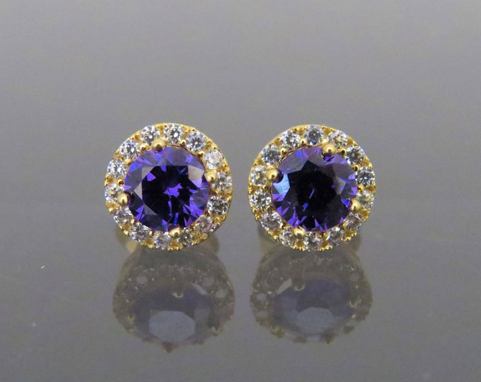 Vintage 18K Solid Yellow Gold 1.22ct Amethyst & White Topaz Stud Earrings