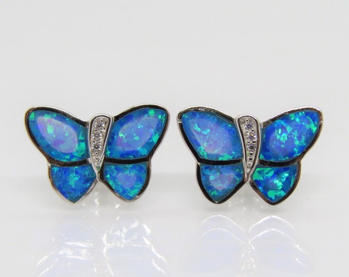 Vintage Sterling Silver Blue Opal & White Topaz Butterfly Earrings