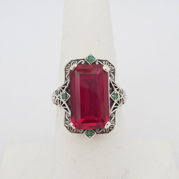 Vintage Sterling Silver Ruby & Green Opal Filigre… - image 3