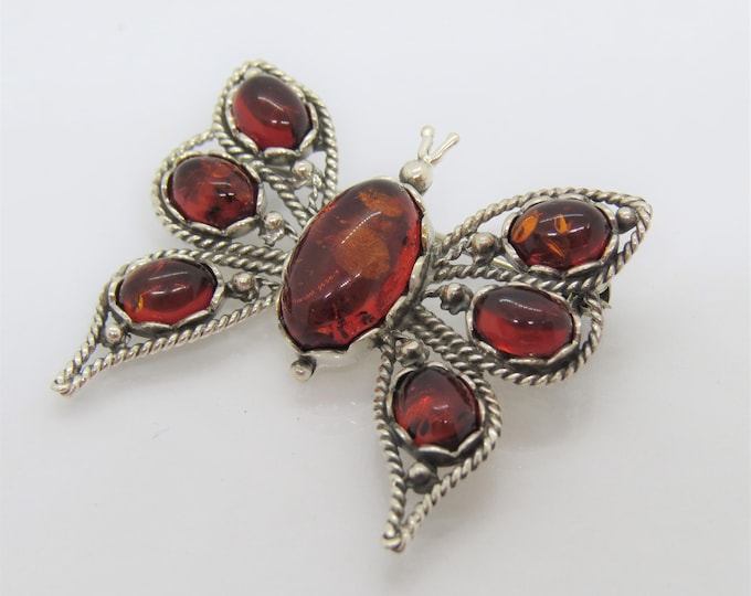 Vintage Sterling Silver Natural Baltic Amber Butterfly Pin Brooch