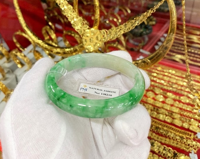 Translucent Natural Green, White Jadeite Jade Vintage Bangle Bracelet 55.7MM