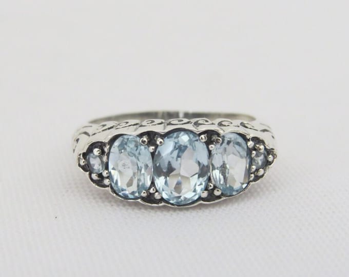 Vintage Sterling Silver Oval Aquamarine Carved Ring Size 9