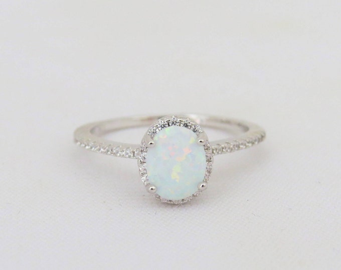 Sterling Silver White Opal & White Topaz Engagement Ring Size 7