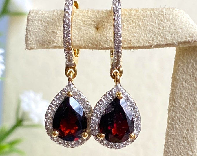 Vintage Sterling Silver 14k Gold Plate Garnet & White Sapphire Earrings.