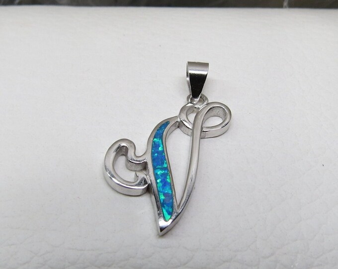 Sterling Silver Blue Opal Letter V Pendant