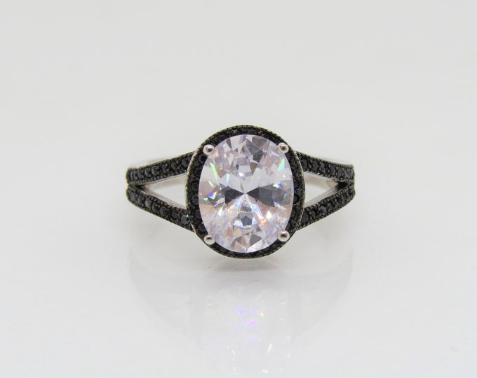 Vintage Sterling Silver White Topaz & Black Spinel Engagement Ring Size 7