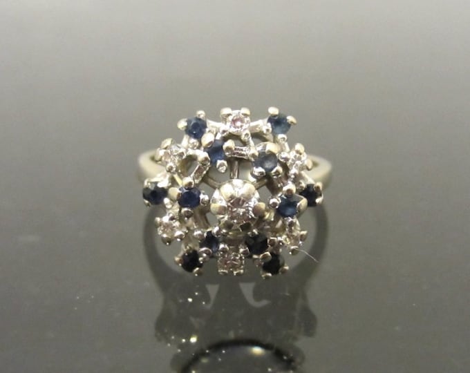 Antique Art Deco 14K Solid WG Genuine Diamond & Sapphire Ring size 6.25