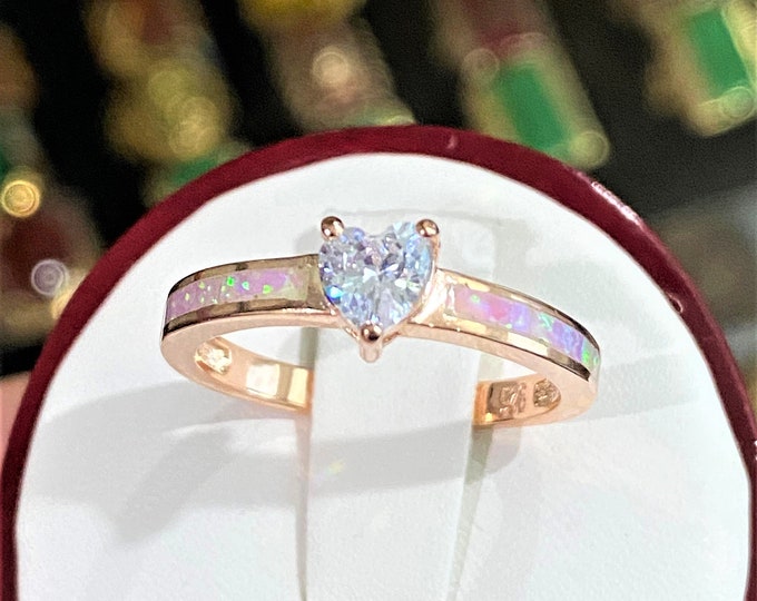 Vintage Sterling Silver Rose Gold Plate White Topaz & Pink Opal Ring Size 6