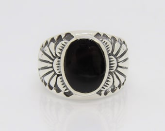 Anillo de plata esterlina estilo western vintage con ónix negro natural para hombre, talla 10.