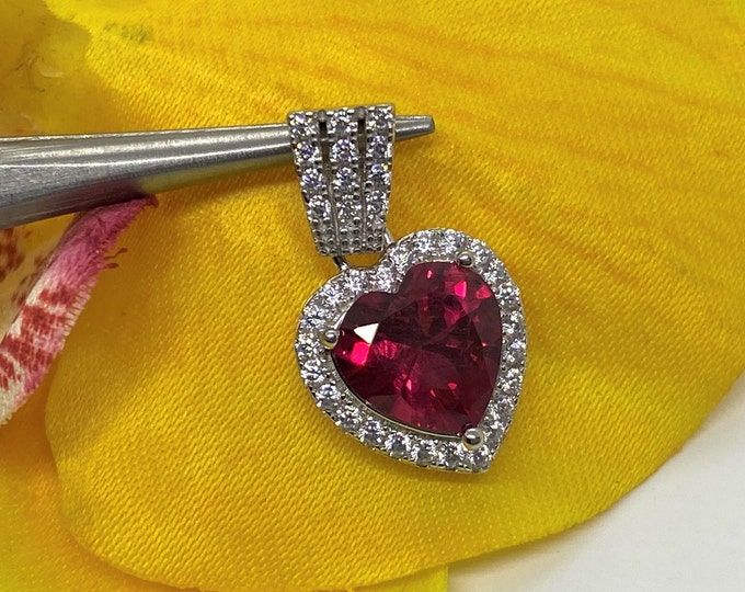 Sterling Silver Heart cut Ruby & White Topaz Pendant.