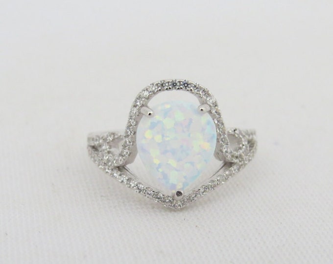 Vintage Sterling Silver White Opal & White Topaz Pave Ring Size 7.25
