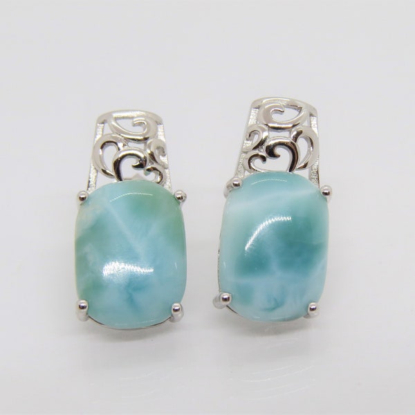 Vintage Sterling Silver Natural Larimar Filigree Earrings