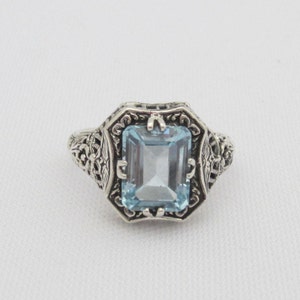 Vintage Sterling Silver Aquamarine Filigree Ring Size 6
