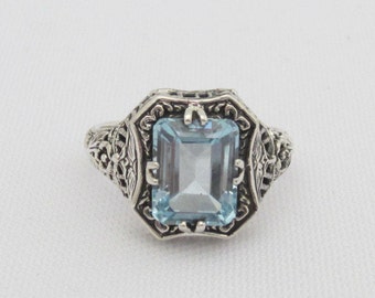 Vintage Sterling Silver Aquamarine Filigree Ring Size 6