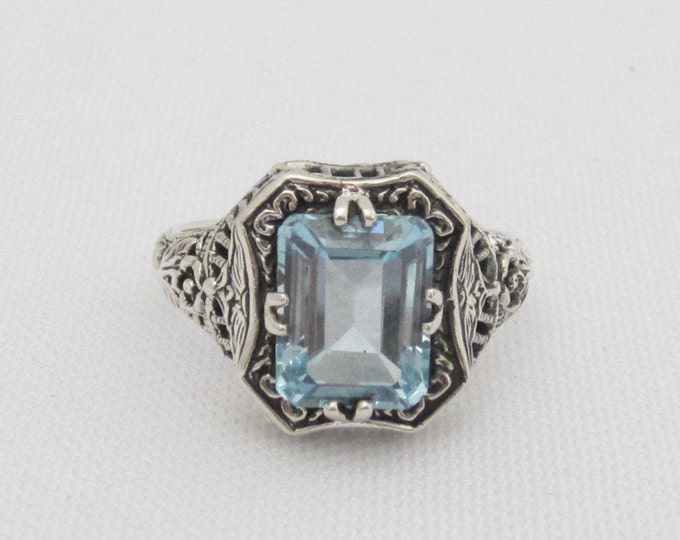 Vintage Sterling Silver Aquamarine Filigree Ring Size 6