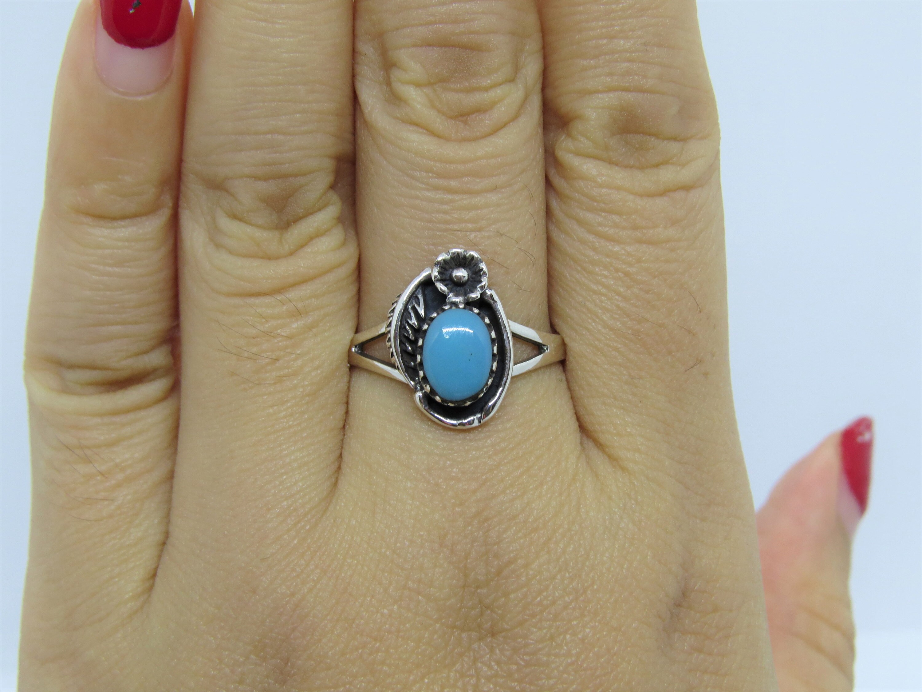 Vintage Sterling Silver Turquoise Flower Leaf Ring Size 6.75