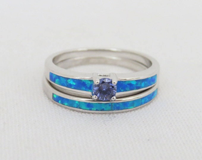 Vintage Sterling Silver Tanzanite & Inlay Blue Opal Ring Set Size 5
